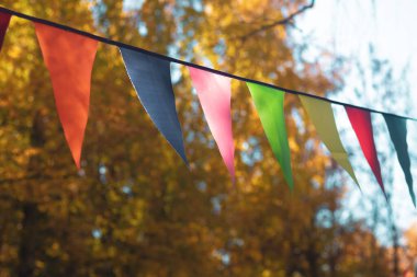 Sonbaharda sonbahar ağaçlarının arasında asılı renkli bayraklar.
