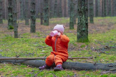 2 yaşında beyaz bir kız çocuğu sonbaharda bir kupadan çam ormanında çay içer..