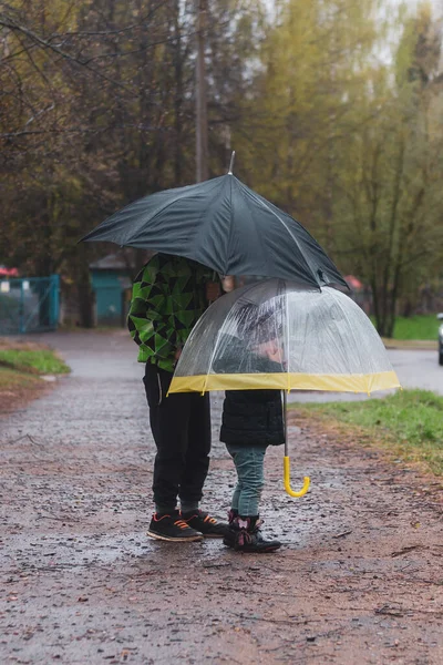 Bruder Und Schwester Zwei Freunde Fuß Herbst Unter Regenschirmen Regen — Stockfoto