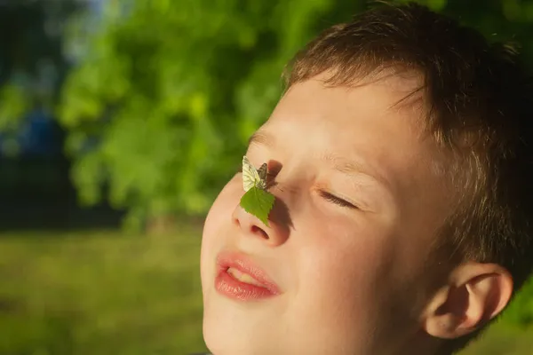 夏天的一天 一只蝴蝶坐在一个少年的鼻子上 — 图库照片