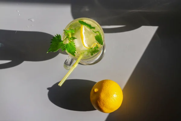 Bebida Mojito Limón Con Hojas Menta Vasos Sobre Fondo Gris —  Fotos de Stock