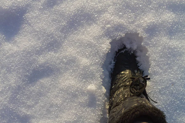 Step Foot Black Snow Boots Snow Winter — Stock Photo, Image