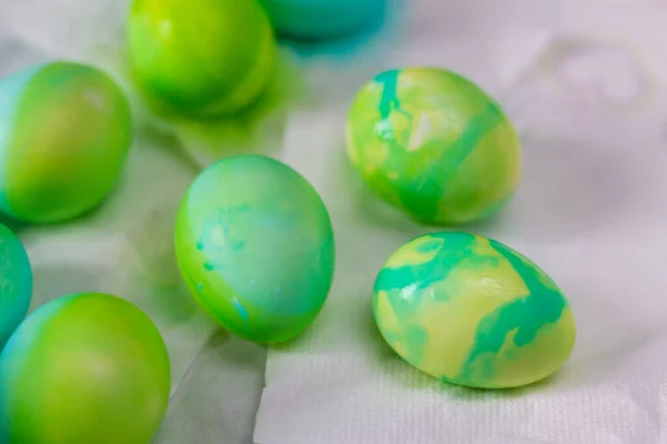 Oeufs Bleu Vert Pâques Après Coloration Avec Des Colorants Pour — Photo