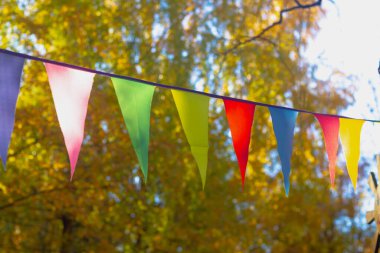 Sonbaharda sonbahar ağaçlarının arasında asılı renkli bayraklar.