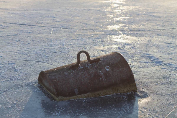 Sunken Chest River Lake Wooden Box Frozen Ice Winter — Stock Photo, Image