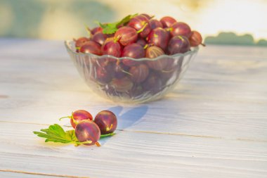 Tahta beyaz arka planda kırmızı bektaşi üzümü..