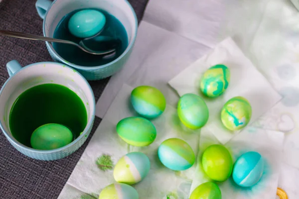 Oeufs Bleu Vert Pâques Après Coloration Avec Des Colorants Pour — Photo