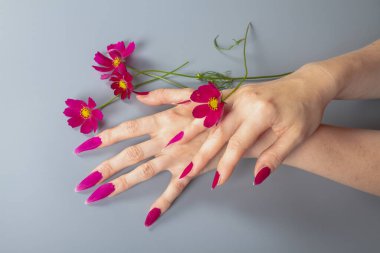 Kırmızı yaprakların sahte kırmızı tırnakları, doğal organik manikür. Kavram.