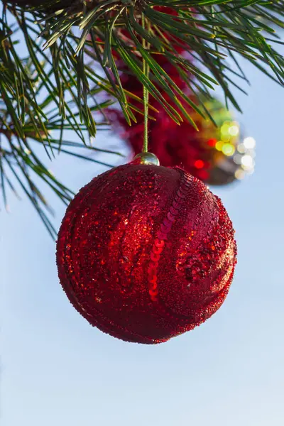 Une Boule Rouge Décore Sapin Noël — Photo