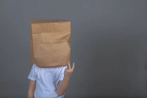 Boy Paper Bag His Head White Shirt Shows Victory Sign — 图库照片