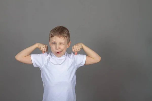 Caucasian Boy White Shirt Tensed His Muscles His Arms Child — 图库照片