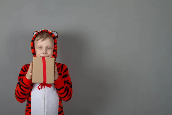 一个身穿圣诞老虎服装的快乐的白人男孩在工作室里拿着一个盒子 盒子上有一个灰色背景的圣诞礼物 — 图库照片