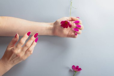 Kırmızı yaprakların sahte kırmızı tırnakları, doğal organik manikür. Kavram.