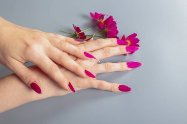 Kırmızı yaprakların sahte kırmızı tırnakları, doğal organik manikür. Kavram.