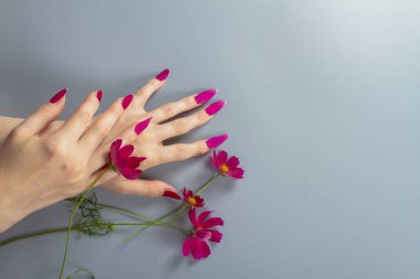 Kırmızı yaprakların sahte kırmızı tırnakları, doğal organik manikür. Kavram.