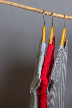 Doğal pamuktan yapılmış giysiler tahta askılara asılıdır. Çubuktan yapılmış bir direğin ucunda. Ekolojik giysi kavramı gri ve kırmızıdır..