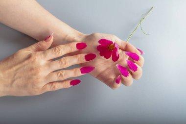 Kırmızı yaprakların sahte kırmızı tırnakları, doğal organik manikür. Kavram.