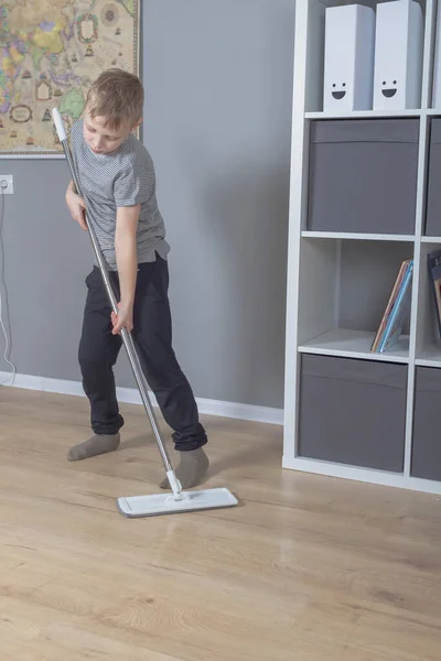 Caucasian Boy Mopping Floors Home Child Tidying His Room — Stock Photo, Image