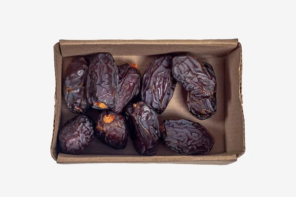 Dried Excellent Sweet Dates Cardboard Box Fruit Isolate Fruit Dates — Stock Photo, Image