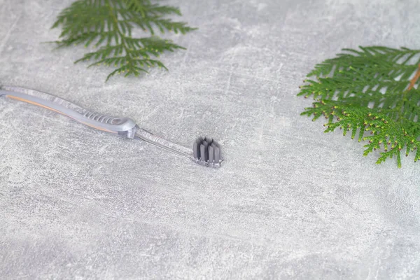 Brosse Dents Grise Sur Fond Gris Avec Feuilles Écologiques Vertes — Photo