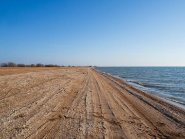 Kumsalda, üzerinde lastik izleri olan ıssız bir yol. Mavi gökyüzü ve sakin denizi olan çöl deniz manzarası. Sahilin kıyı şeridi boyunca çalılar büyür. Kışın kumsal.