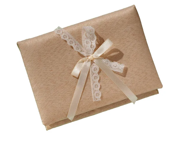 Gift Box Made Beige Textured Fabric Lace Bow Isolated White — Stock Photo, Image