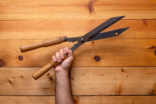 Hand Grabbing Grass Shears Light Wooden Background Labor Day — Stock Photo, Image