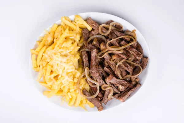 Fritas Com Mussarela Cima Filet Mignon Com Cebola Cima Porção — Fotografia de Stock