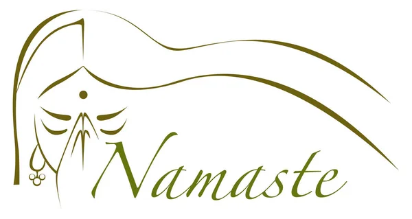 Ilustração Mulher Indiana Com Mãos Unidas Orando Com Texto Namaste — Vetor de Stock