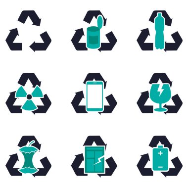  Geri dönüşüm konusunda bir dizi simge. Beyaz arkaplanda izole vektör illüstrasyonu.