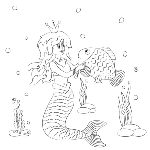 Malbuch Für Kinder Prinzessin Kleine Meerjungfrau Halten Sie Einen Fisch — Stockvektor