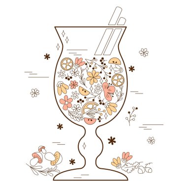 Sonbahar, beyaz arka planda sıcak kırmızı şarap ve baharatlı şarap afişi. Doodle Steele 'deki illüstrasyon. Sonbahar ve kış alkollü içecekler