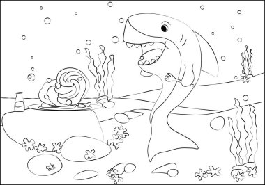Resim boyası. Bir köpekbalığı deniz tabanında çatalla spagetti yer. Çocuklar için verilen görevler bir kitapta, dergide kullanılabilir.