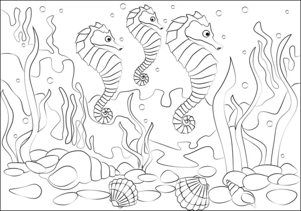 Coloring Book Children Three Seahorses Swimming Seabed Flat Vector Illustration — Stock Vector