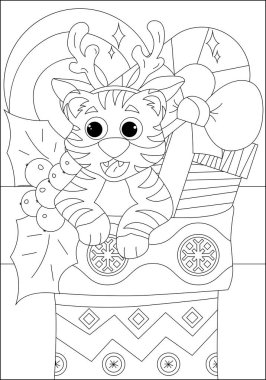 Çocuklar için boyama kitabı. Şirin bir kaplan yavrusu Noel çorabında hediyeler ve şekerlerle oturuyor. Çocuk kitapları ve dergileri için düz vektör illüstrasyonu