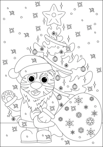 Libro Para Colorear Para Niños Tigre Lindo Disfraz Papá Noel — Vector de stock