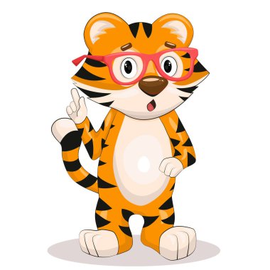  Pembe gözlüklü şirin bir kaplan yavrusunun iyi bir fikri var. Düz vektör çizimi beyaz arkaplanda izole edildi.