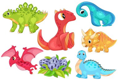  Küçük şirin dinozorlar ve otların arasında dinozor yumurtaları. Düz vektör çizimi beyaz arkaplanda izole edildi.