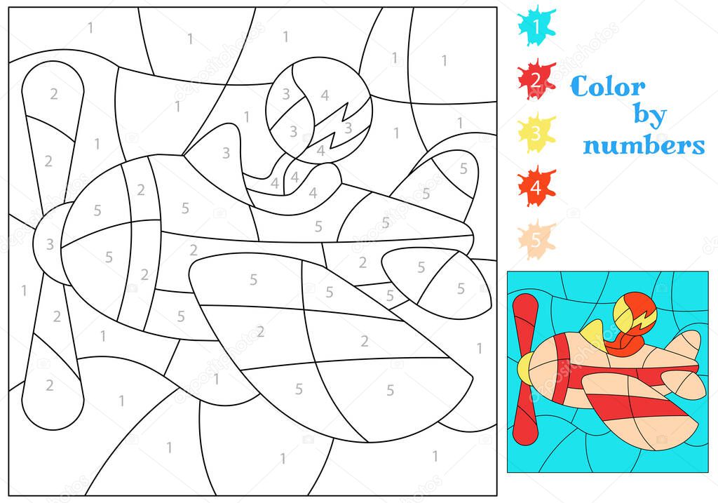 Airplane with a pilot in the sky. We paint by numbers. Coloring book. An educational puzzle game for children.