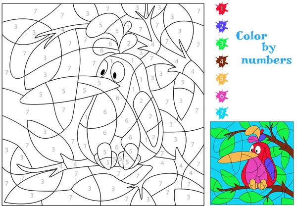 Забавная Птица Большим Клювом Дереве Рисуем Цифрами Раскраска Образовательная Головоломка — стоковый вектор
