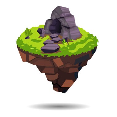 Ada havada süzülüyor. Taş mağarası olan bir arka plan. Düz illüstrasyon beyaz arkaplanda izole edildi.