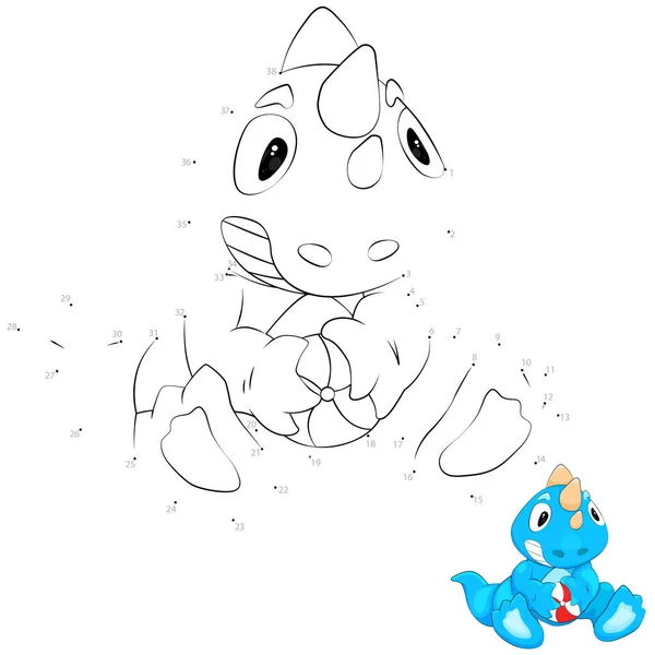 ポイント ポイントのゲーム 線を引く ボール付きのかわいい恐竜 子供のために ワークシート ぬり絵 漫画のキャラクター — ストックベクタ