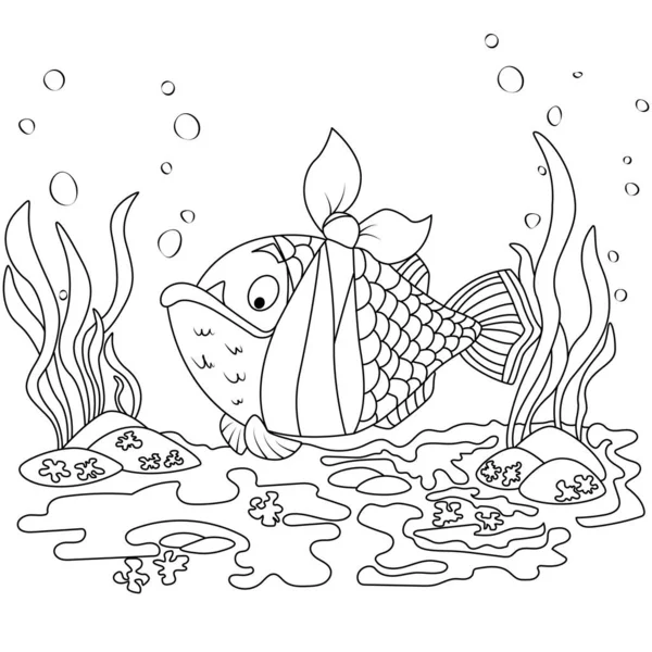 子供向けのぬり絵 頬に包帯をした悲しいおもちゃの魚 子供のためのタスクは 雑誌で使用することができます — ストックベクタ