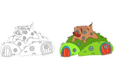 Ağaç kütüğünün altında balkonu olan muhteşem bir ev. Çocuklar için boyama kitabı. El yazısı pratiği. Eğitim Geliştirme Çalışma Tablosu.