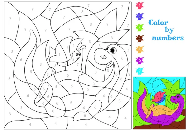 Динозавр Играет Бабочкой Рисуем Цифрами Раскраска Образовательная Головоломка Детей — стоковый вектор
