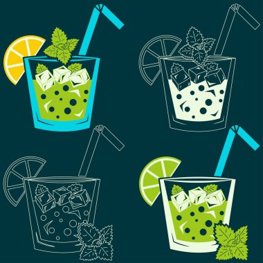  Farklı tarz ve renklerde limon ve buzlu mojito bardakları. Vektör grafikleri