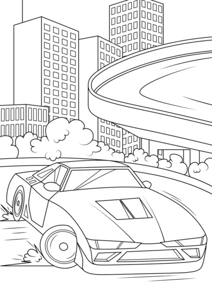 Sports Car Rides Skid Background City Funny Coloring Book Boys — Stockvektor