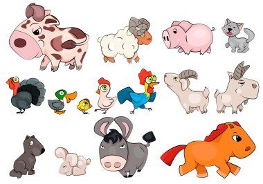 Çiftlikte yaşayan bir grup tuhaf hayvan. Düz vektör illüstrasyonu