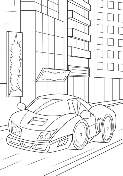 Sports Car Metropolis Funny Coloring Book Boys Vector Illustration — Stockvektor