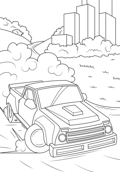 Pickup Truck Enters Turn Country Road Funny Coloring Book Boys — Stockvektor